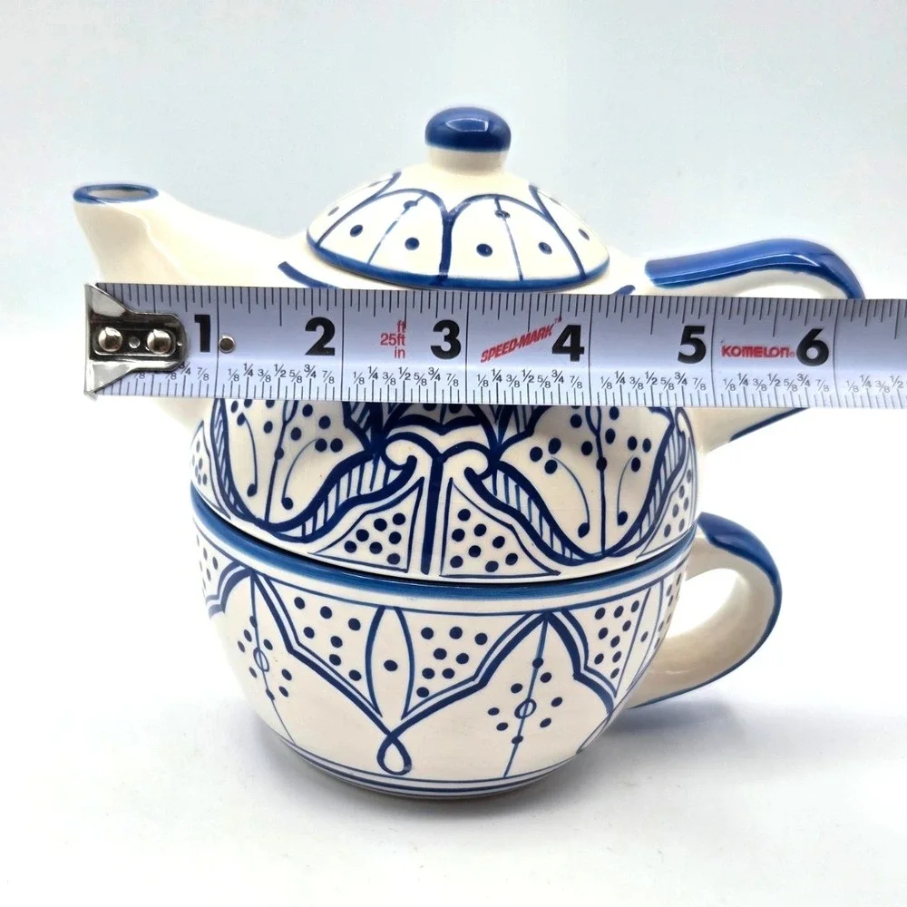 VINTAGE Moroccan Inspired TeaPot Tea For One 3 Piece Blue & White‎ - Thailand